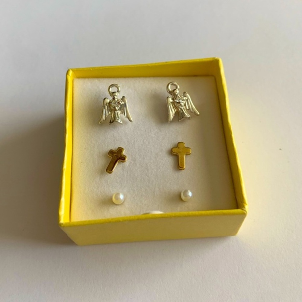 Avon set of 3 inspirational earrings including an angel, cross and pearl studs